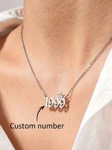 1pc Customized Stainless Steel Necklace, Elegant & Fashionable Polished, Birth Year Number Necklace, Unique Date Birthday Crown Pendant Necklace Gift, Multifunctional Casual Collarbone Chain, Holiday Gift - Multicolor - View 2