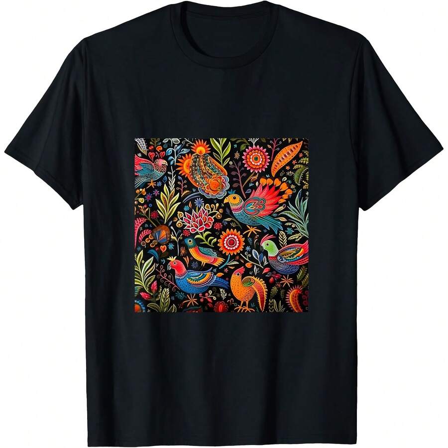 Mexican Embroidery Pattern Art Birds Flowers T-Shirt - Women's T-Shirt,Men tshirt , Unisex style Gift T-Shirt ,Comfortable home wear, Daily fashion, Party wear T-shirt, Sizes S - XXL, Black