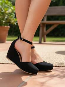 Zapatillas negras cerradas para Mujer, correa tobillo con imitación de diamante, plataforma, verano, casuales, para bodas, fiestas, eventos, antiderrapantes, tacón medio. - Negro - Ver 4