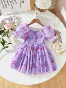 女童圆领泡泡袖印花收腰网纱连衣裙 - 紫色 - 查看 2