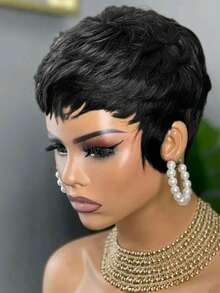 [Pelucas de corte pixie corto] Pelucas de cabello de corte corto natural - Elegantes pelucas de corte pixie corto para mujeres - Peluca de cabello humano mezclado - Natural y Negro - Ver 3