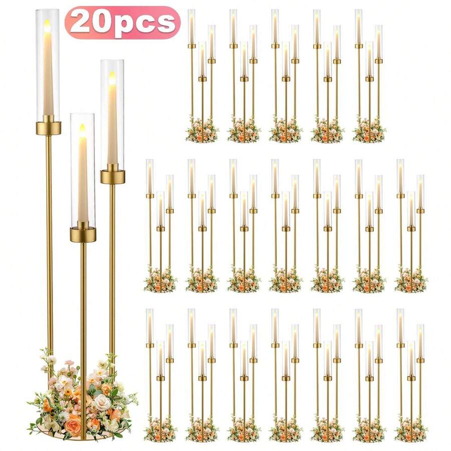 20Pcs 33.8inch Gold Metal Candlestick Holder With Acrylic Lampshades,3 Arm Candelabra Centerpieces For Wedding,Graduate Ceremony,Birthday Party Event Decor (Not Included LED Candles) - 金燭台 - 查看 1