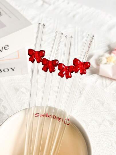 2/5支装可爱卡通玻璃吸管，带红色蝴蝶结，适用于水杯，可重复使用弯曲透明吸管餐具套装，配有清洁刷，厨房适用，冷饮，奶茶，咖啡，果汁，冰沙，居家，餐厅，鸡尾酒会，单身派对用品，婚礼，返校季，送给男女朋友的趣味礼物，节日用品，夏季，复活节礼物