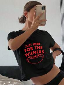 Ladies' T-Shirts Ladies' Crop Top T-Shirts Pure Material Juneteenth Independence Day Gifts-Funny 'Just Here For The Wieners' Graphic Tee - Casual Crop Top With Bold Red Print, Perfect For Food Lovers And Summer Outfits - Black - View 2