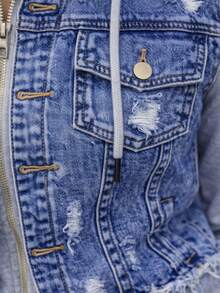 Chamarrita corta a la cintura  de Mezclilla Stretch con Mangas y Gorro de Felpa Suave - Diseño Casual Versátil MOD BUBA - Lavado ligero - Ver 5