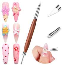 SAVILAND Nail Art Sculpture Pen: Silicone &Amp; Metal Dual Tipped Nail Brushes Silicone Nail Art Tools For Design Nail Foil Carving Drawing Shaping Effect Nail Art Pens Sandalwood Handle For Home DIY - ColorB - 查看 1