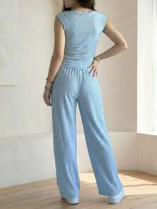 女士新款圆领无袖T恤和松紧腰宽松裤两件套，休闲日常穿着，春夏款 - 淺藍色 - 查看 5