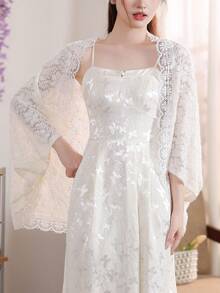 1pc Women Lace Shawl Cardigan, Lightweight Batwing Sleeve Sun Protection Air Conditioning Coat, Suitable For Summer Dresses - Apricot - View 4