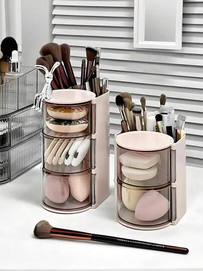 1/2pcs Minimalist Rotating Makeup Organizer Box, Small Desktop Makeup Sponge, Makeup Brush, Hair Tie, Hair Clip Storage Box, Makeup Sponge Holder, Rotating Dustproof Vanity Organizer
