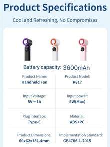Portable Handheld Fan With Large LED Display, 3600mAh Battery, 1-199 Wind Speed Levels, Turbo Boost Function, USB Rechargeable, Fashionable Personal Fan, Essential For Summer Travel, Beach, And Photography - Multicolor - View 10
