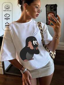 Tricou damă pentru vară și toamnă, din bumbac pur, cu imprimeu animalier tip desen animat, casual sport, croială largă, mărimi mari - alb - Vizualizare 3