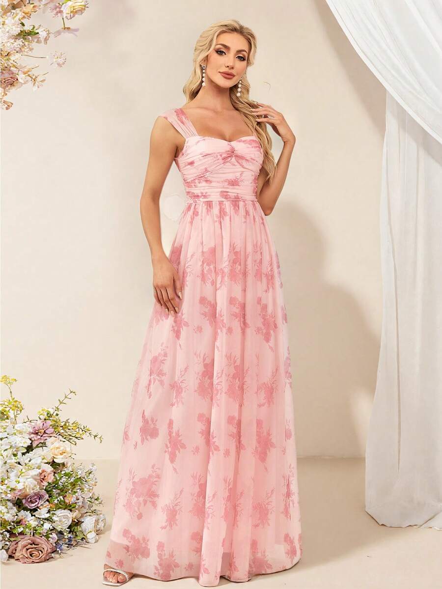 Đầm phù dâu không tay bằng vải lưới họa tiết hoa nhí, đầm dài thanh lịch, thích hợp cho sinh nhật, tiệc tùng, đám cưới và các dịp khác. - Hồng - Xem 1