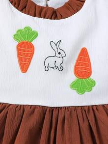 1pc Baby Girls' Casual Cute Rabbit & Carrot Embroidered Ruffle Hem Dress With 3D Ear Hat, Summer - Brown - View 4