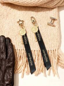 Yves Saint Laurent 2件套复古优雅零钱包挂饰：金/铜币配黑色丝带，适用于钱包、钥匙扣、手机挂绳、礼品、手提包吊坠 - 黑色 - 查看 2