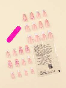 24片法式白色浮雕3D装饰假指甲，白色花朵短杏仁形指甲贴片套装，包含1张粘性贴纸和1个迷你指甲锉，适合日常佩戴的美甲用品 - 彩色 - 查看 3