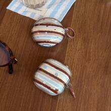 Retro Blue & Brown Striped Star Hanging Loop Earphone Case Compatible With Huawei Freebuds 7i, Freebuds 2, Freebuds SE 3, Freebuds 5i, Galaxy Buds Pro 3, Cute Korean Style Earphone Case - Brown - View 3