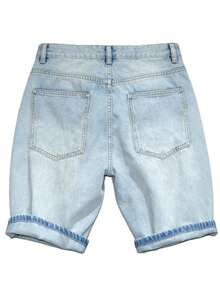 男士牛仔短裤，2025夏季薄款韩版时尚直筒宽松休闲百慕大短裤 - 淺色水洗藍 - 查看 2