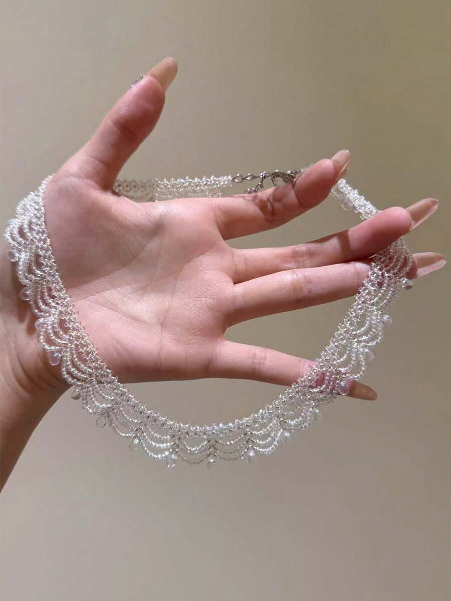 1件手工多层串珠项链，女士颈链 - 融合复古与波西米亚风格，女士珠宝，女士礼物，优雅时尚配饰，适合派对及各种正式或半正式社交场合 - 白色 - 查看 1