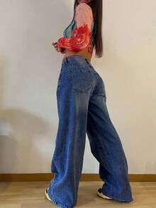 Damjeans med raka ben och lös passform, vintage, semester, vår - Mörktvätt - Visa 4