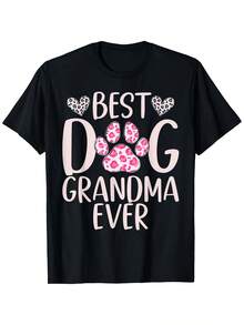 Best Dog Grandma Ever T-Shirt - Vintage Style Cotton Crew Neck Tee With Paw Print Design, Bold Digital Print, All-Season Comfort, Regular Fit For Adults, Casual Wear Playful Design Comfortable Fit - 白色 - 查看 1