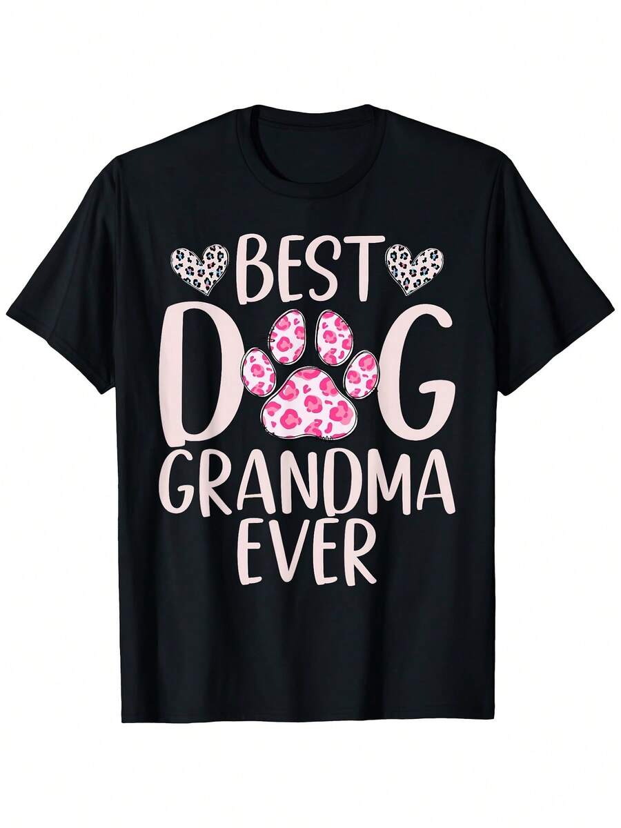 Best Dog Grandma Ever T-Shirt - Vintage Style Cotton Crew Neck Tee With Paw Print Design, Bold Digital Print, All-Season Comfort, Regular Fit For Adults, Casual Wear Playful Design Comfortable Fit - 白色 - 查看 1