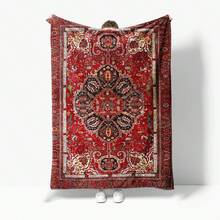 Luxurious Red Paisley Silk Afghan Throw Blanket Bed Sofa Decorative Rug Cushion Cover Home Decor Gift - 黑色 - 查看 1