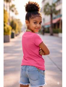 Girls' Streetwear T-Shirt, 100% Cotton, Sizes 2 To 16. Lightweight And Cool For Children And Teenagers. - 玫紅色 - 查看 2