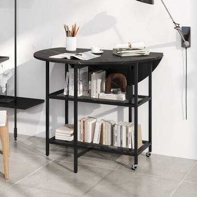  COSTWAY 100 Cm Round Kitchen Table, Modern Dining Table W/Drop Leaf Tabletop, Elegant Marble-Textured Finish, Metal Frame, 2 Lockable Wheels, 2 Tier Storage Rack, Foldable Side Table For Indoor, Black