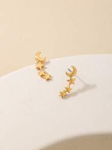 1 Pair Simple Design Metal Star & Moon Stud Earrings, Versatile For Daily Wear, Commute, Vacation, Picnic, Summer Campus - Yellow Gold - View 3
