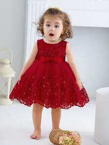 Đầm không tay cổ chữ V màu đỏ tía thêu sequin cho bé gái, kèm nơ rời, kiểu dáng công chúa ngọt ngào và dễ thương, phù hợp cho sinh nhật lần thứ nhất, tiệc tùng, lễ rửa tội, sự kiện trang trọng, bé gái cầm hoa trong đám cưới, lễ hội. - Màu Đỏ Sâu - Xem 10