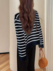女士休闲经典条纹开衫，秋冬度假黑色 - 黑色 - 查看 2