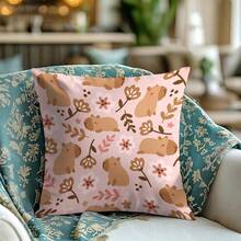 1pc Decorative Throw Pillow Cover Contemporary Pink Capybara & Floral Design 100% Polyester Zippered Cushion Case For Living Room Sofa And Chair Machine Washable Whimsical Home Decor - Multicolor - View 6