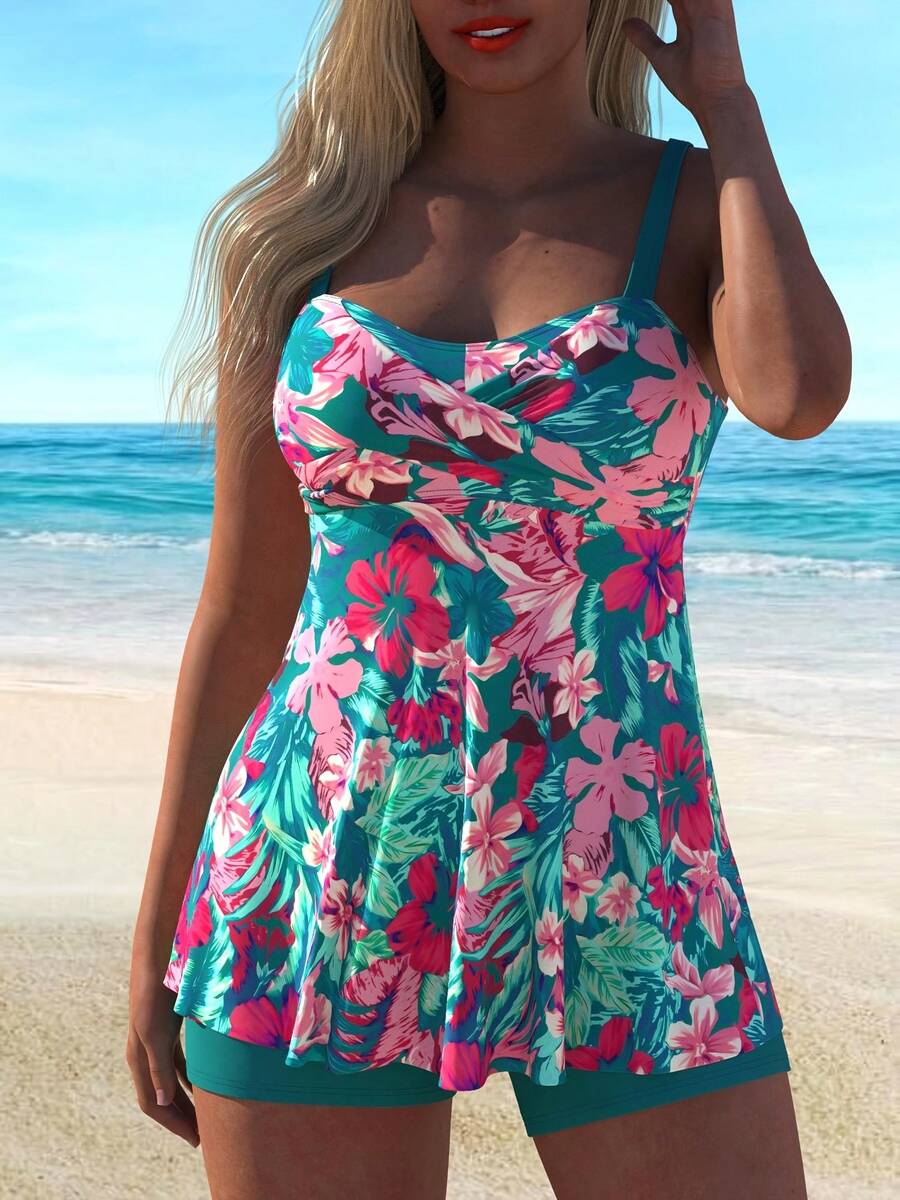 Tie-Dye Floral Print Plus Size Women's Tankini Two-Piece Swimsuit - Nhiều màu - Xem 1
