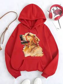 Unisex Casual Hoodie With Golden Retriever Dog Graphic - Beige, Loose Fit, Long Sleeve, Drawstring Hooded Sweatshirt For All Seasons, Allseason Pullover|Sporty Casual Style|Comfortable Fit - Red - View 7