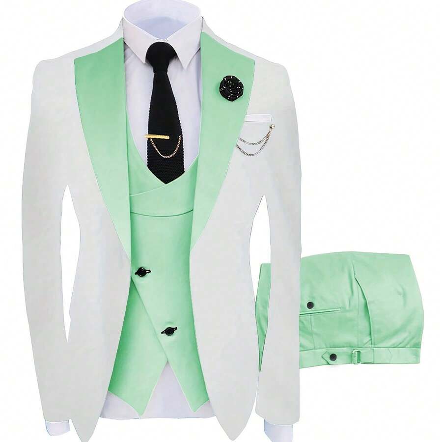 A Three-Piece Suit For Groomsmen, Featuring A Slim Fit Tuxedo Ideal For Wedding Dances, Includes A Stylish Jacket, Trousers, Vest, Tie, Tie Clip, Handkerchief, Two Cufflinks, A Boutonniere, And A Brooch For Formal Occasions - 綠意 - 查看 1
