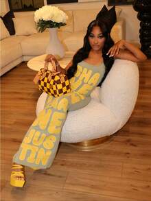 Sexy Letter Print Fitted Halter Top Dress For Women, Women's Y2K Vintage Street Casual Long Dress - 黃色 - 查看 4