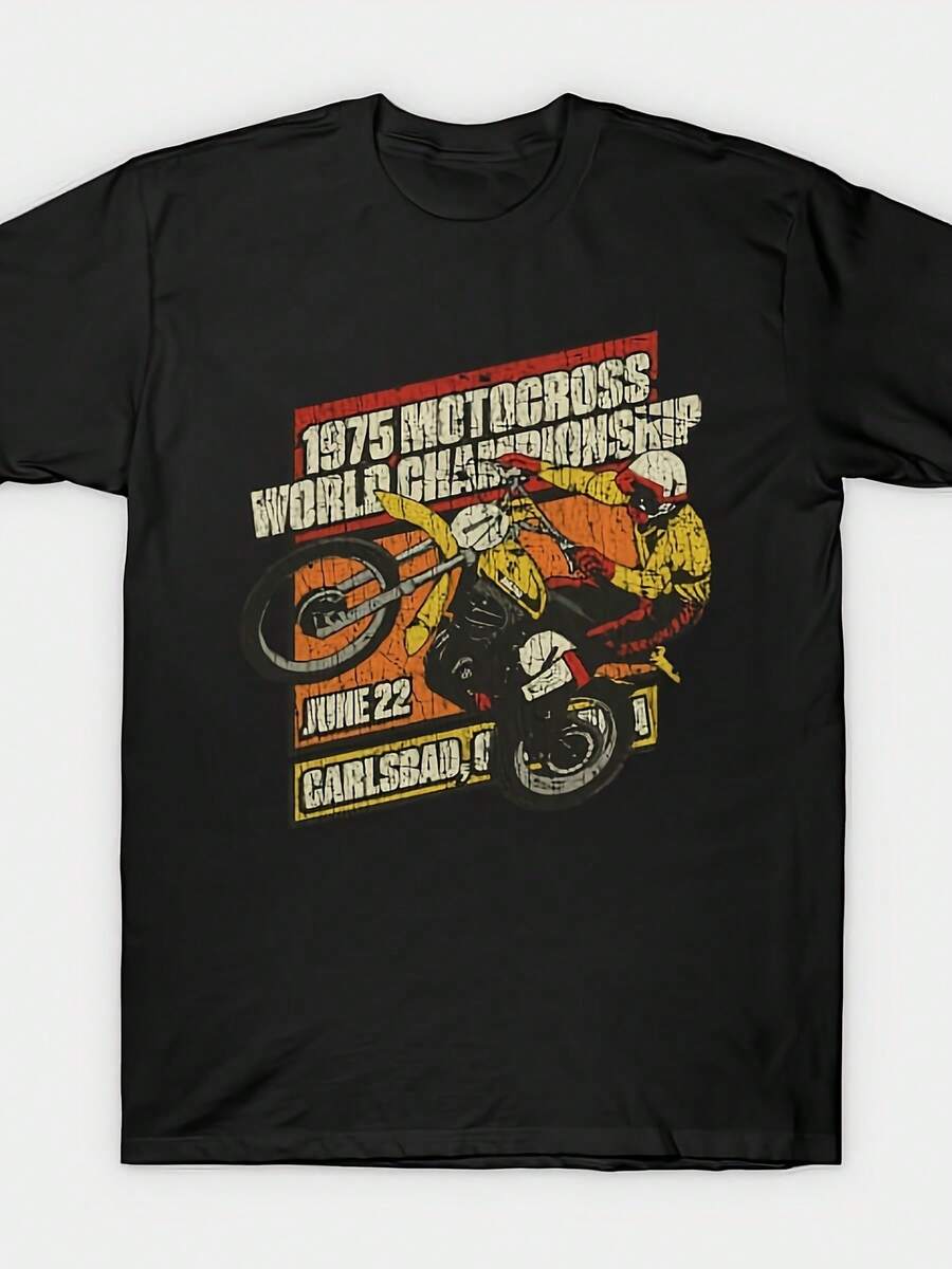 Motocross World Championships 19752Design Street Trending Style Casual Love Lover Tee Women's Comfortable Cotton Round Neck Short Sleeves T-Shirt - 黑色 - 查看 1