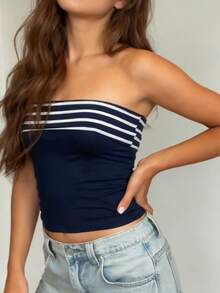 Women's Reversible Strapless Vest Stylish Striped Sleeveless Crop Tube Tops Bandeau Blouse for Party Date Night Wear - Azul - Ver 5