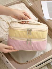 Bolsa de Maquiagem de Veludo Cotelê com Abertura Larga e Muitos Bolsos, Bolsa de Cosméticos Macia e Felpuda, Organizador de Maquiagem Multifuncional para Mulheres com Compartimentos de Tela, Organizador Portátil de Viagem e Negócios para Cuidados com a Pele que Comporta Batons, Cosméticos, Pincéis de Maquiagem, Bolsa de Maquiagem com Zíper de Cor Sólida e Tecido Durável, Bolsa de Vaidade para Armazenamento no Banheiro e Bancada, Bolsa de Maquiagem de Uso Diário para Casa, Escola, Escritório, Viagem, Férias, Volta às Aulas - Básico - Visão 9