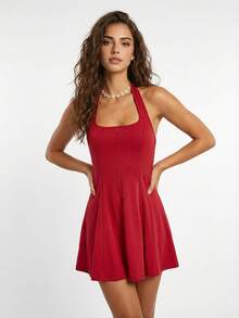 Women's Fashion Patchwork Hollow Lace Trim Fitted Flared Sleeveless Mini Dress, Casual Vacation Party Dress, Suitable For Spring/Summer, Back To School, Date Night - Red - View 3