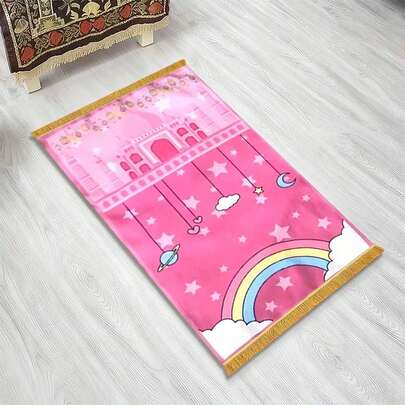 1pc Pink Pattern Islamic Prayer Mat, Luxury Thickened Prayer Rug With Tassels, Pilgrimage Prayer Pad, Prayer Mat - Luxury Muslim Prayer Rug, Washable Flannel, Portable Foldable With Tassels, Multi-Person Prayer Mat, Islamic Home Prayer, Outdoor Prayer Space, Indoor Prayer Mat, Exquisite Tassels, Durable Prayer Rug