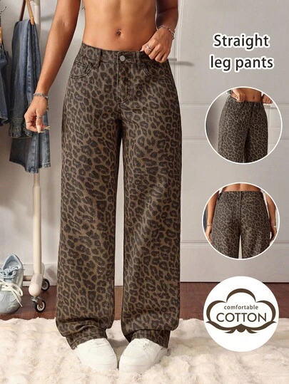 Vintage Street Style Leopard Print Chic & Bold Design Women's Jeans, Suitable For Carnival, Stage Performance, Party, Date Night, Travel