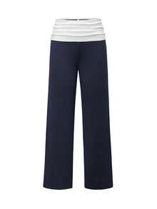 Sunny Girly Summer Y2K Back To School Casual Home Waistline White Pleated Patchwork Straight Pants Spring - Navy Blue - View 3