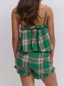 Women's Plaid Bow Trim Loungewear Set - V-Neck Cami  Ruffle Shorts Pajama Set With Contrast Bows For Fall  Winter Cozy Home  Holiday Relaxation - 綠色 - 查看 2