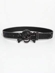1pc Men's Black Skeleton Y2K Punk Glitter Casual Belt Jeans Versatile Waist Belt, Suitable For Daily Wear - Black Glitter Skull - View 2