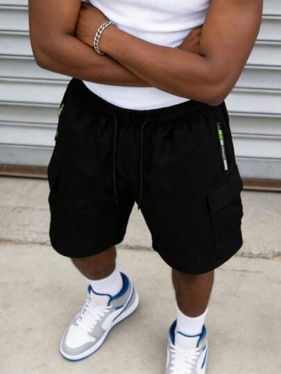 Men's Solid Color Elastic Waist Drawstring Pocket Cargo Shorts, Khaki Casual Shorts, Street Style Shorts, Gray Cargo Shorts. An Excellent Gift For Boyfriend Or Husband.