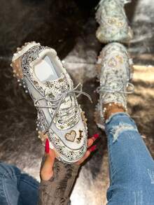 2026 Season New Rhinestone Shiny Women's Sneakers, Breathable Crystal Casual Flat Shoes, Fashionable Versatile Platform Party Shoes - Silver - View 4