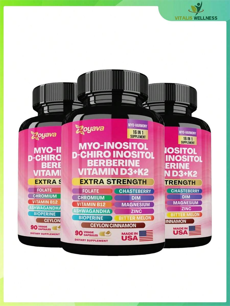 Zoyava Hormone & Cycle Support – Women's All-In-One Supplement With Myo-Inositol, D-Chiro Inositol & 13+ Active Ingredients – 90 Vegan Capsules – Made In USA - 3 Bottles - View 1