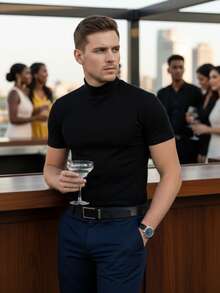 Men's Ribbed Cotton T-Shirt, High Neck, Casual, Sporty, Slim - Black - View 3