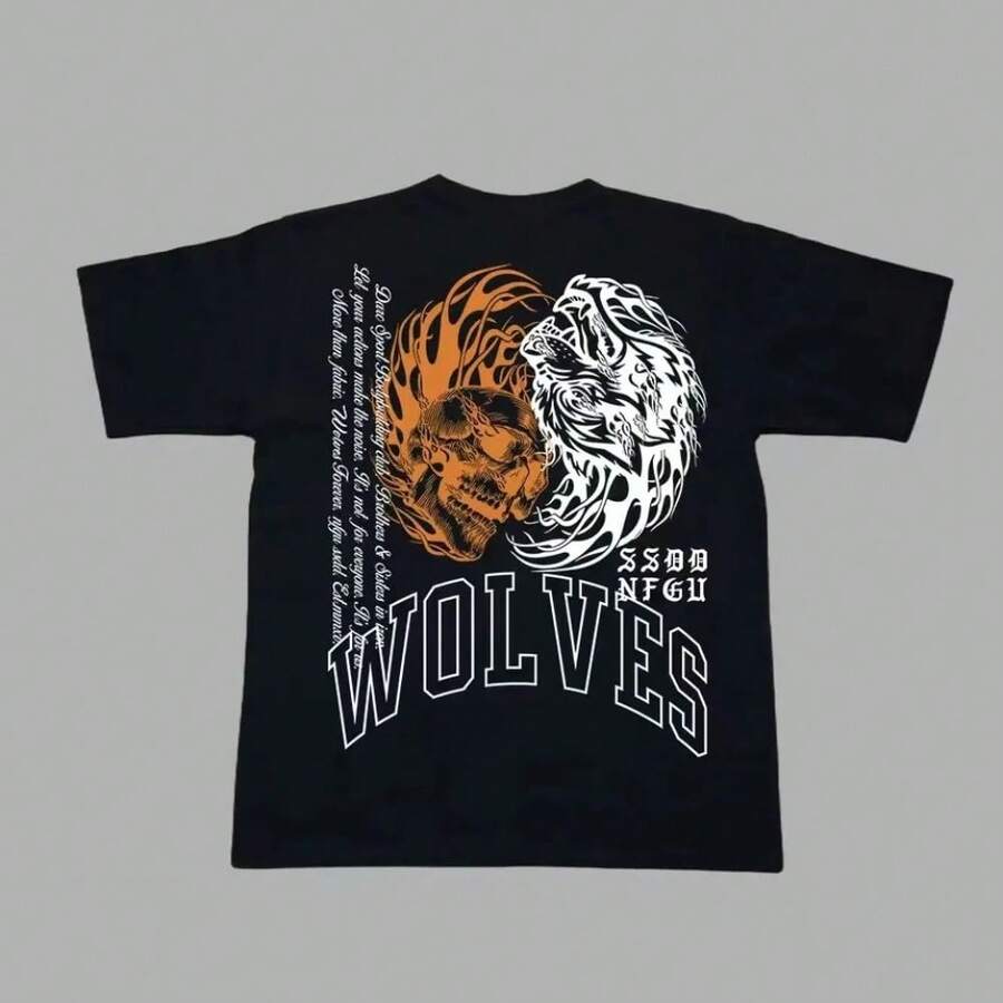 Darc Wolf Sport T-Shirts Oversized Graphic DTG Printing Technique Workout Gym Fitness Men Short Sleeve Tees Cotton Wolves TShirt - 黑色 - 查看 1